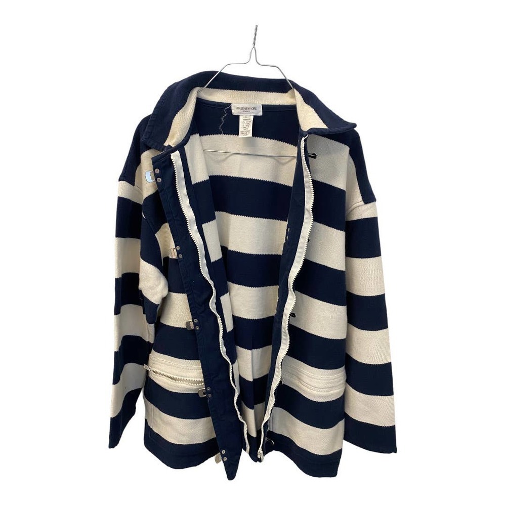 Jones New York Sports Jacket LARGE Womens Striped 100% Cotton Navy Blue White - Picture 3 of 7